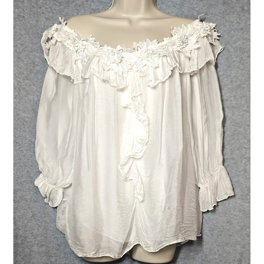 Lux Tempo Paris Silk Blouse L Italy Floral Appliques White Ruffles Italy Elegant